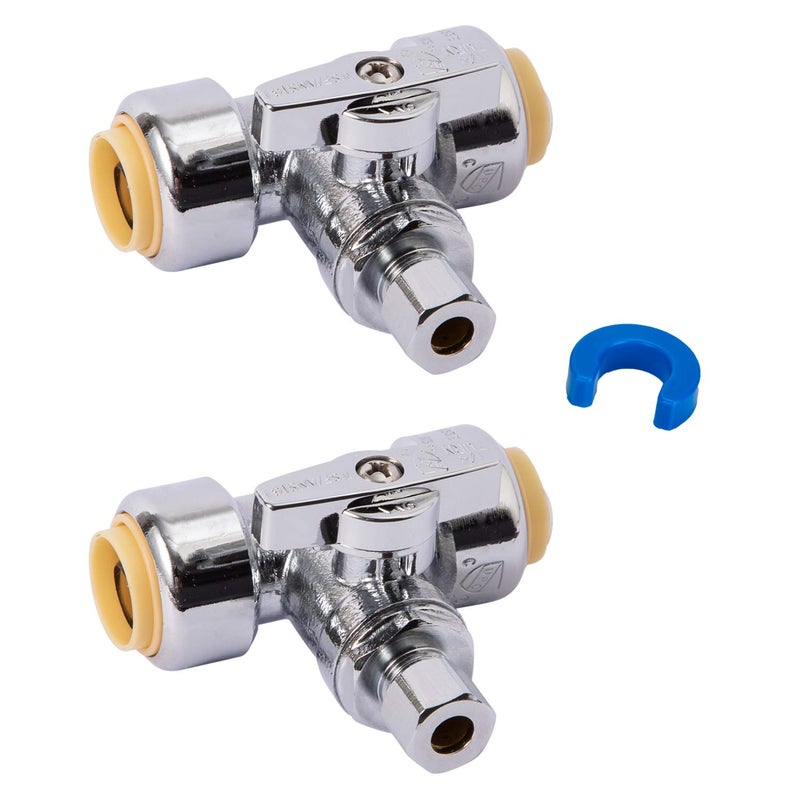 SUNGATOR Service Tee Stop Valve, 1/2 Inch Ptc x 1/2 Inch Ptc x 1/4 Inch Compression, No Lead 1/4 Turn Push Fit Water Valve Shut Off with Disconnect Clip, Push-to-Connect PEX, Copper, CPVC (2-Pack) - Image 1